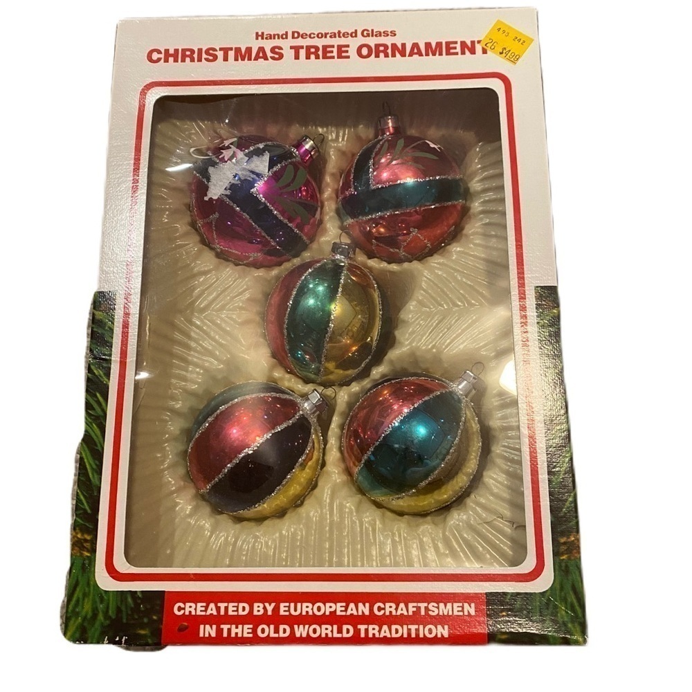 Vintage Hand Painted Glass Christmas Ornaments Shiny Brite Green Gold Glitter